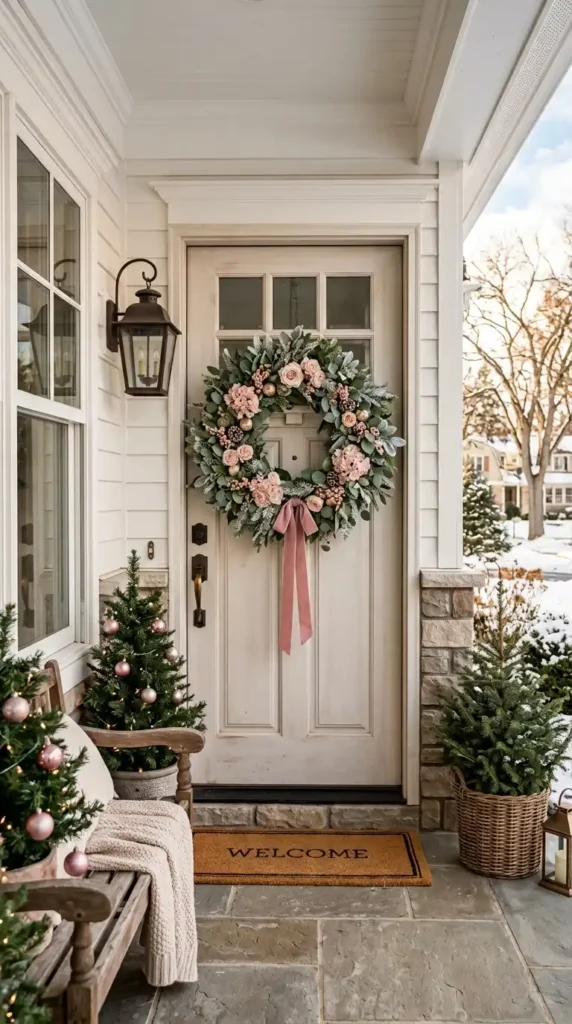 Pink Christmas wreath on door