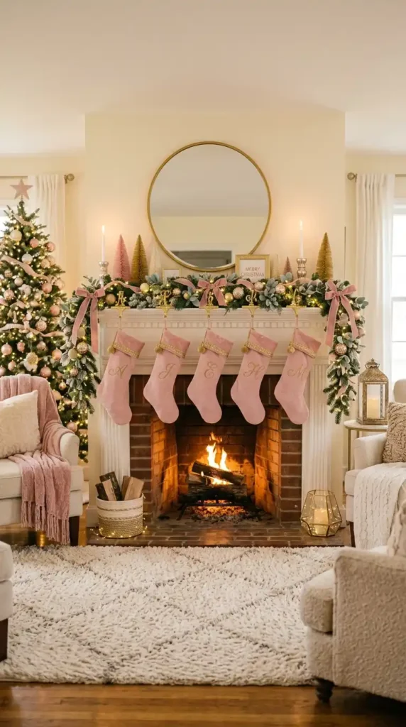 Pink stockings on mantel
