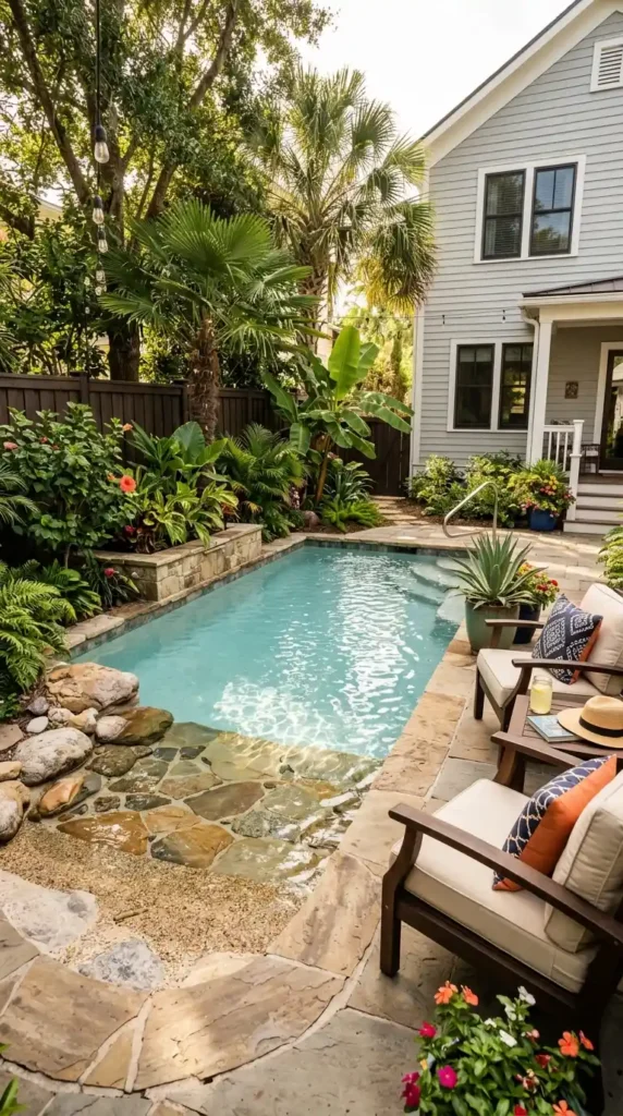 Plunge pool in backyard corner