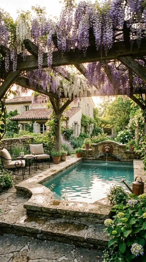 Plunge pool under wisteria pergola