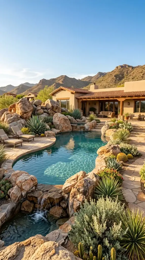 Pool landscaping with boulders