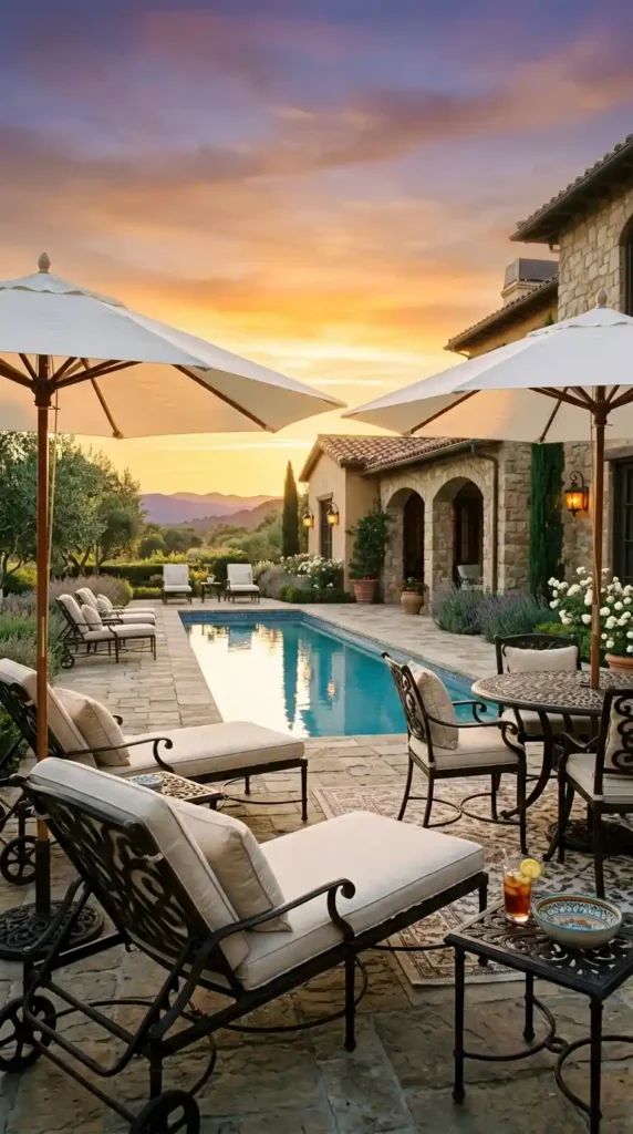 Pool patio with wrought iron