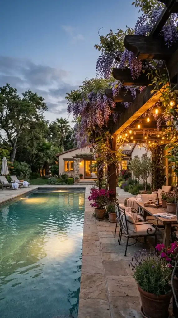 Pool pergola wisteria string lights