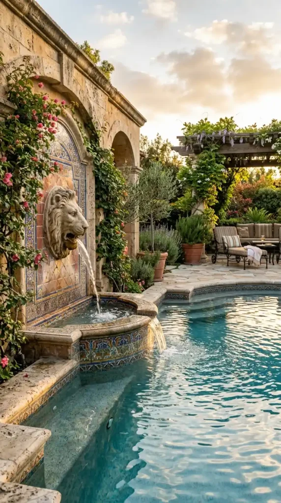 Pool stone water feature fountain