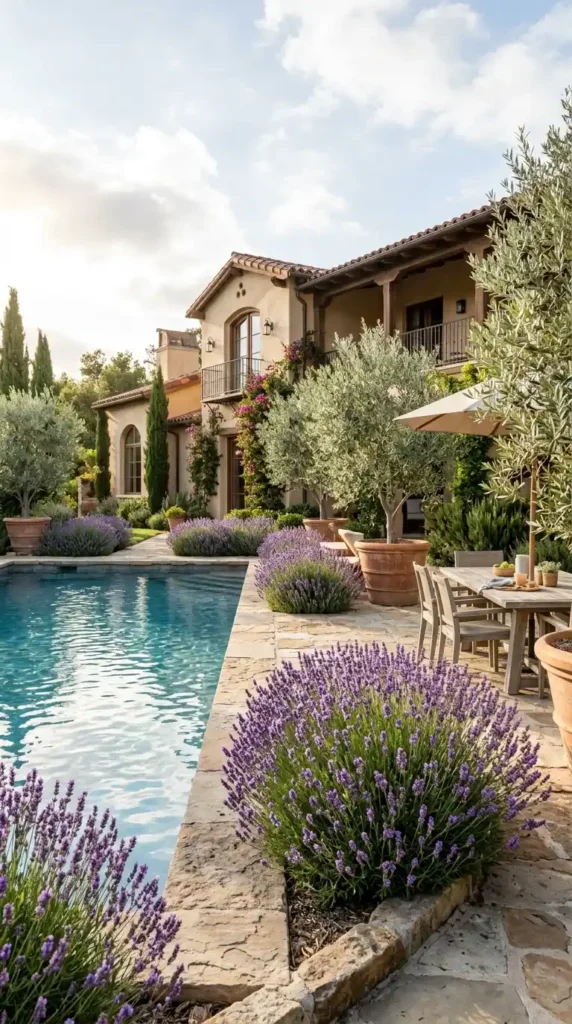 Pool with olive trees lavender