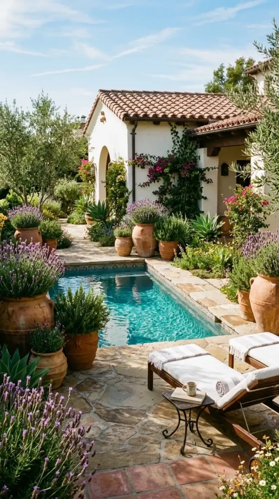 Pool with terracotta urns lavender