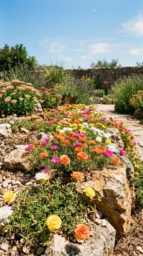 Portulaca flowers in rock garden