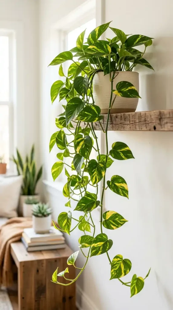Pothos plant trailing from shelf