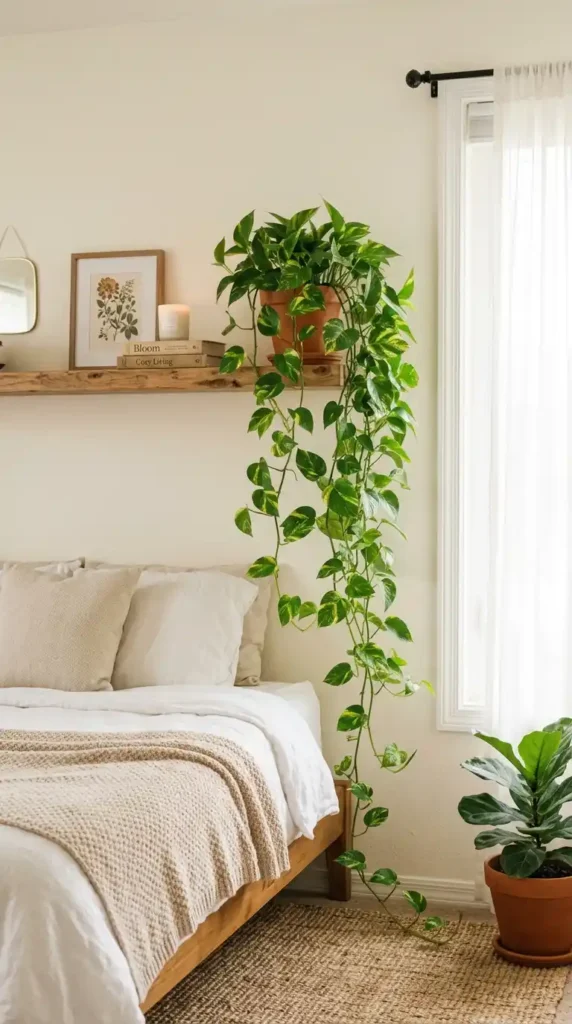 Pothos plant trailing from shelf