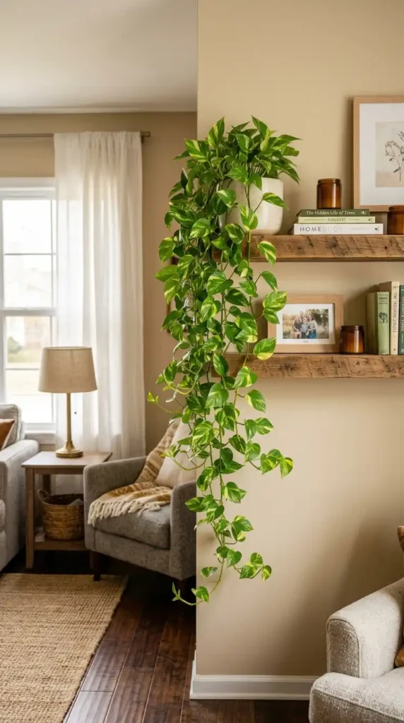 Pothos plant trailing from shelf