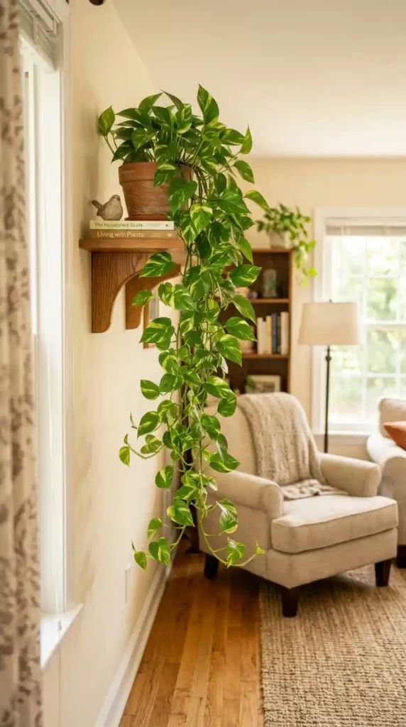 Pothos plant trailing from shelf