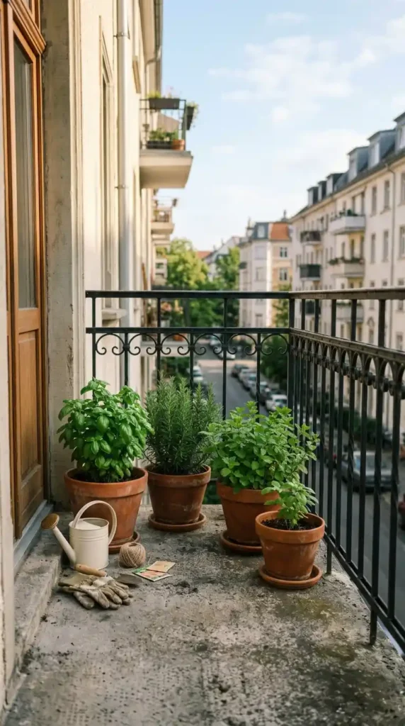 Pots growing basil rosemary mint