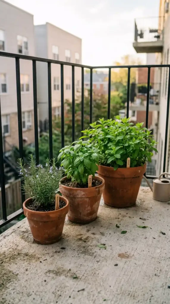 Pots growing basil rosemary mint