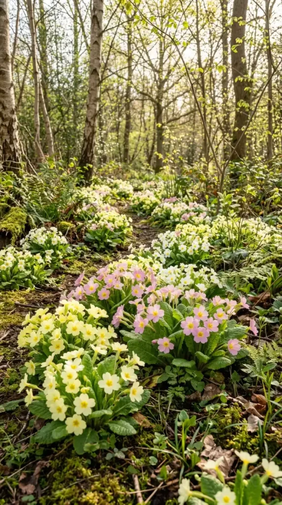 Primroses blooming in woodland
