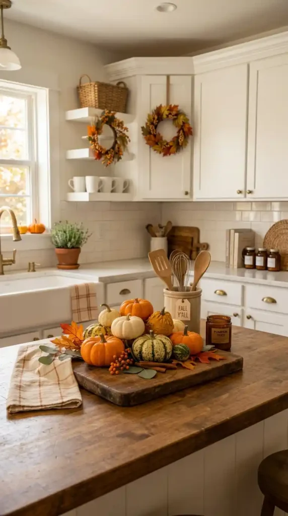 Pumpkins and gourds on counter