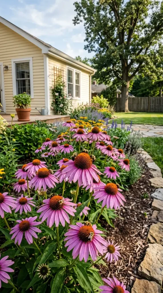 Purple coneflowers with bees garden