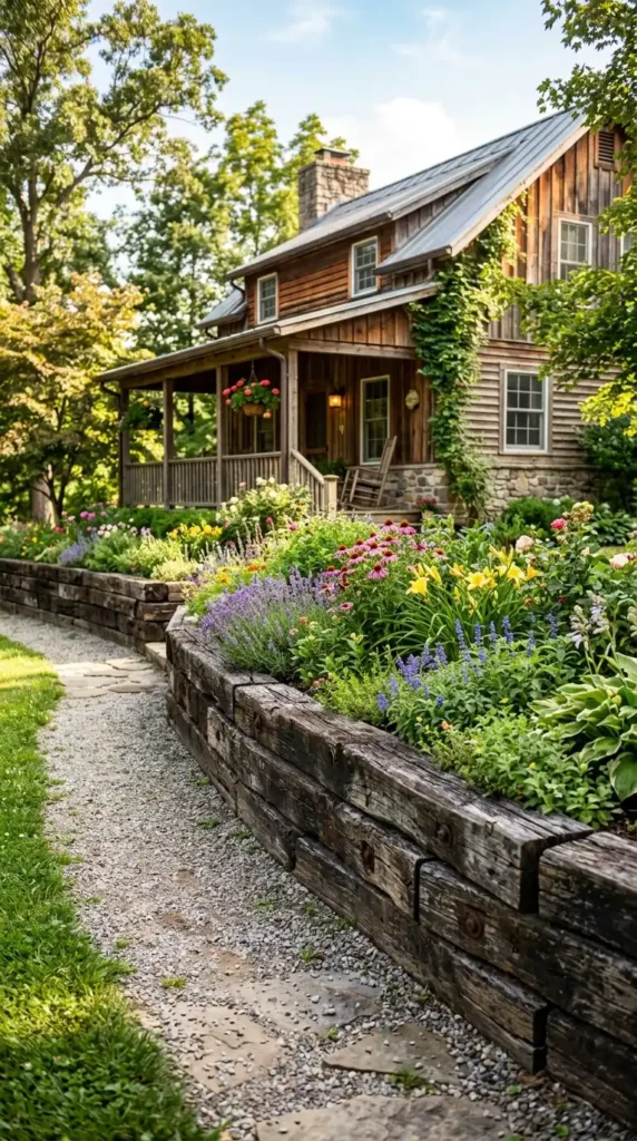 Railway tie retaining wall garden