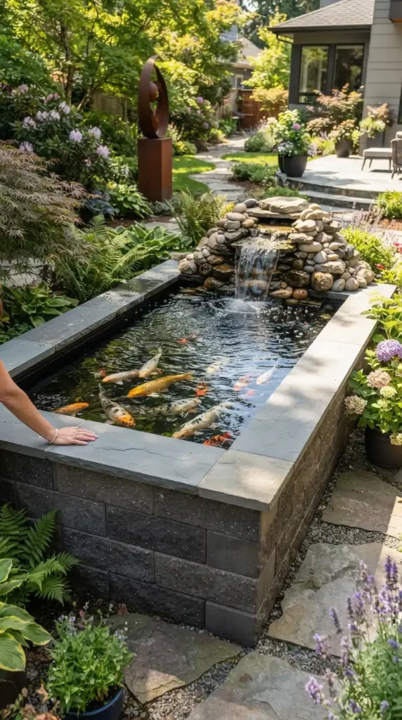 Raised koi pond garden waterfall