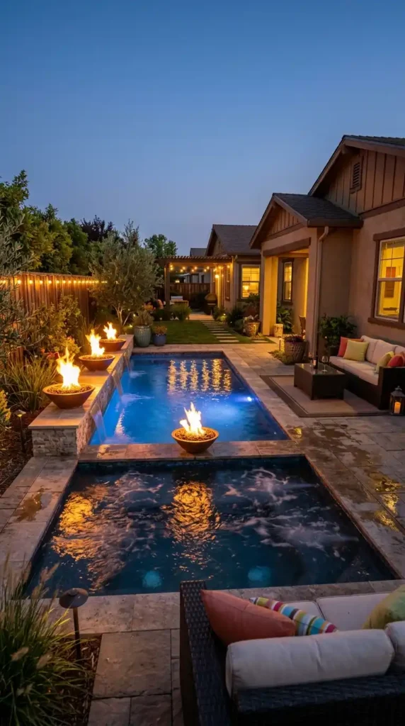Rectangle pool with spa fire