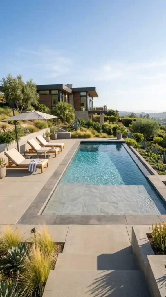 Rectangular pool with beach entry