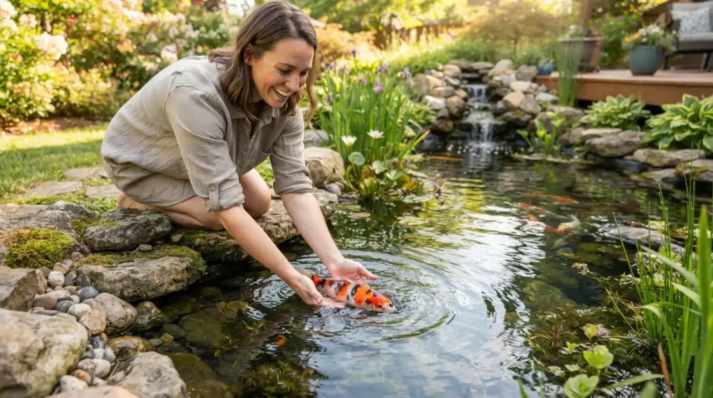 Releasing koi into DIY pond