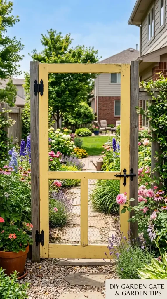 Repurposed screen door garden gate