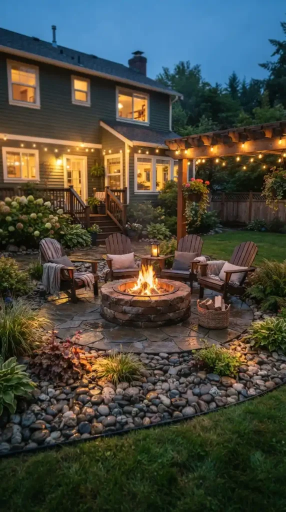 River rock fire pit patio