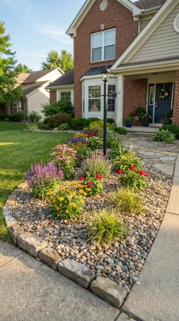 River rock landscaping flower beds