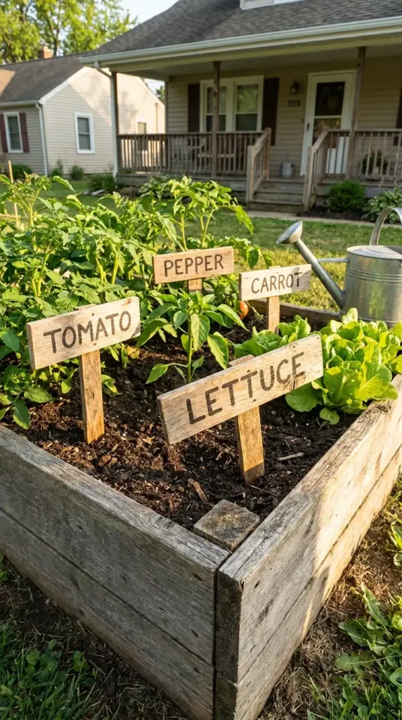 Rustic wooden garden markers