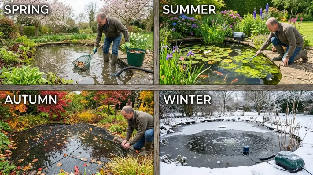 Seasonal pond maintenance collage