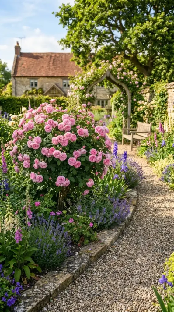 Shrub rose bush pink flowers