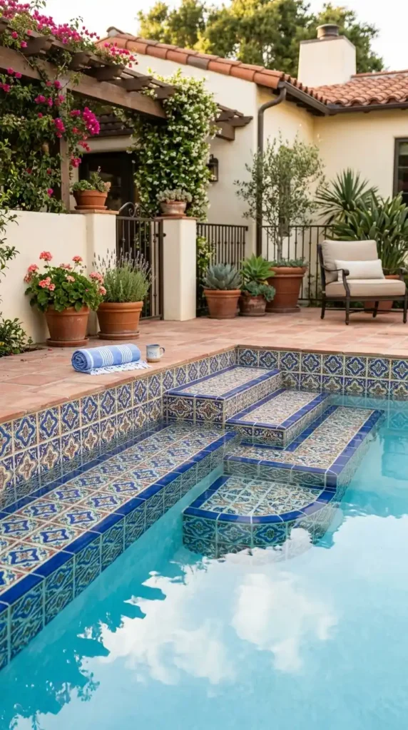 Small pool tiled steps bench