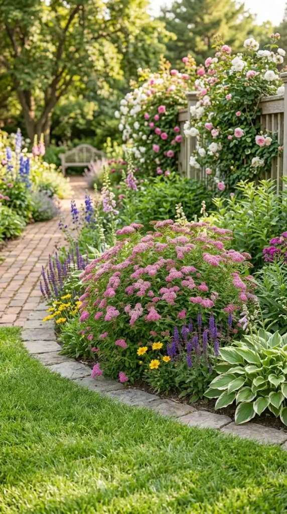 Spirea bush with pink flowers