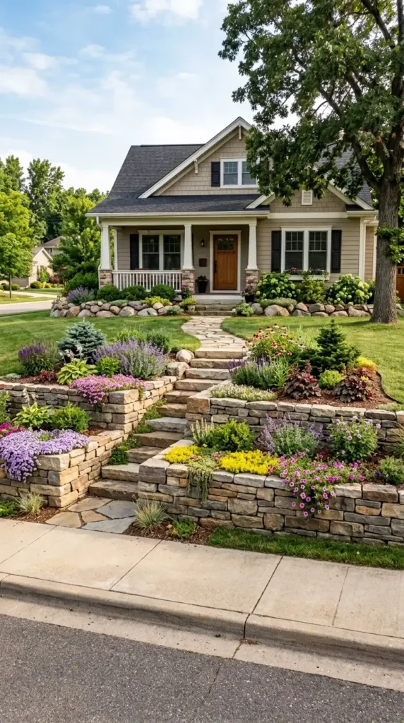 Stacked stone wall front yard