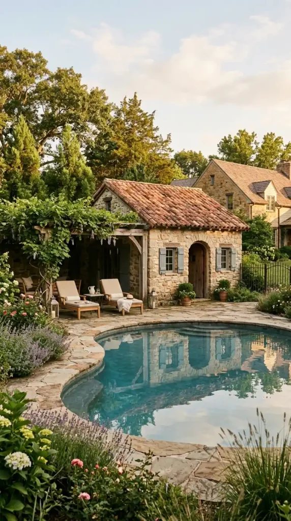 Stone pool house clay roof