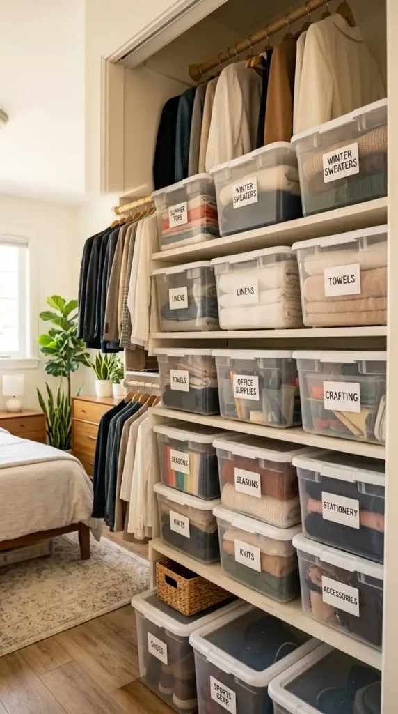 Storage bins in closet