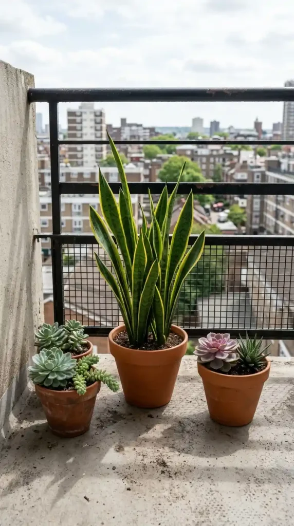 Succulents and snake plant on