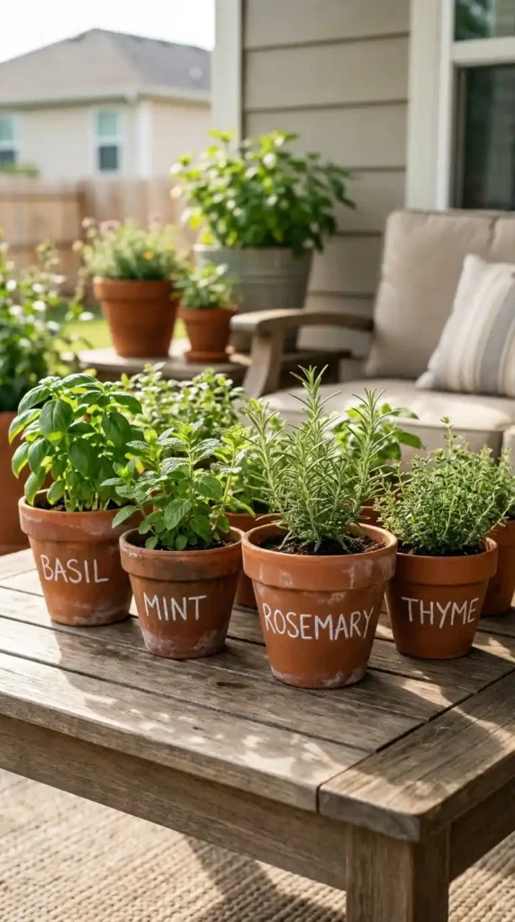 Terracotta pots with plant names