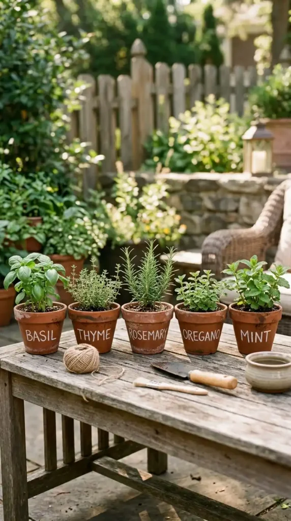 Terracotta pots with plant names