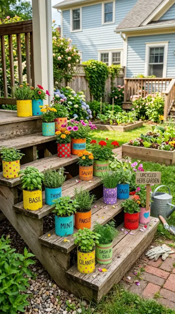 Tin can planters on wooden