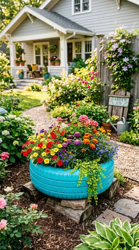 Tire planter filled with flowers
