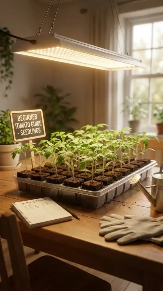 Tomato seedlings growing under
