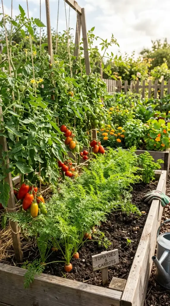 Tomatoes and carrots growing