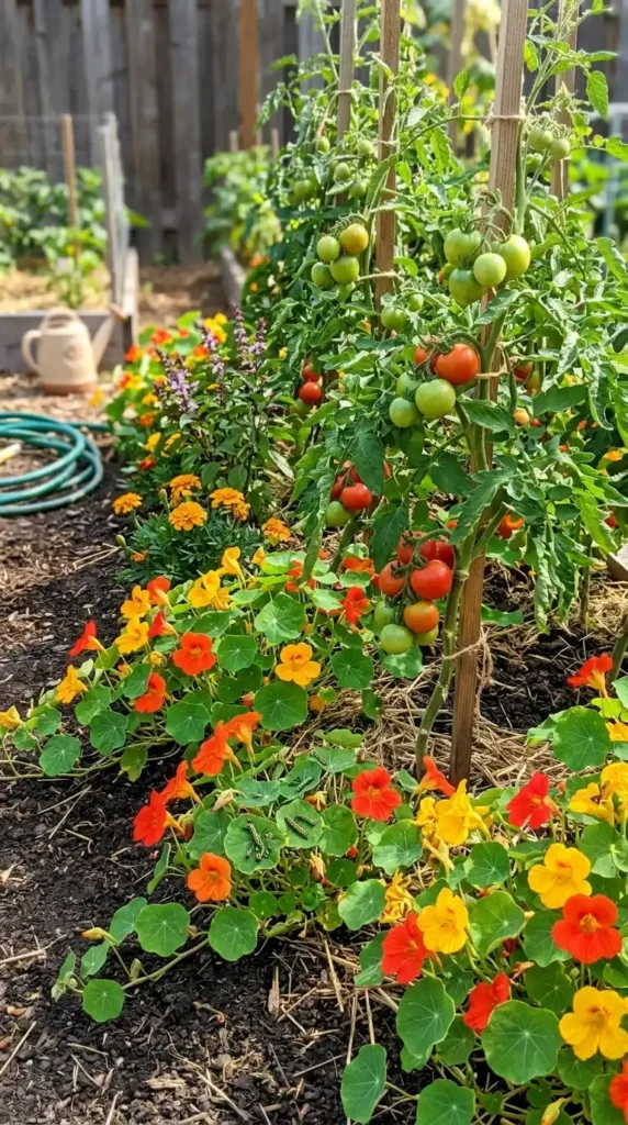 Tomatoes and nasturtiums garden