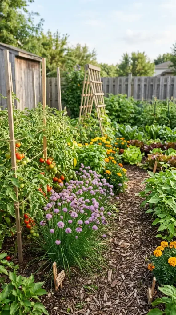 Tomatoes growing near chives