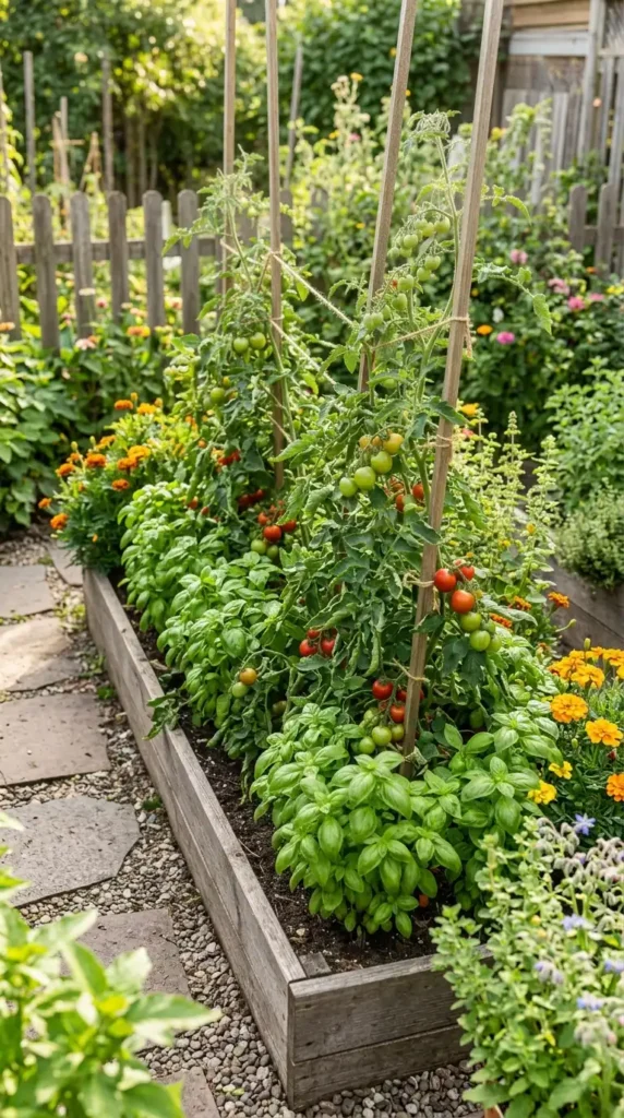 Tomatoes growing with basil