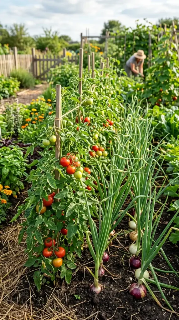 Tomatoes growing with garlic onions_