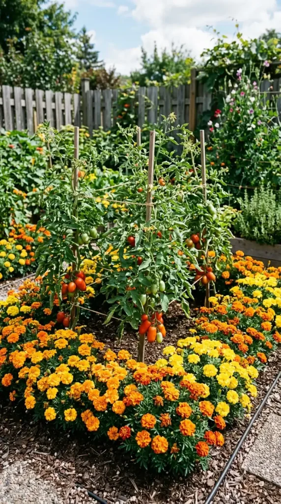 Tomatoes with marigolds garden