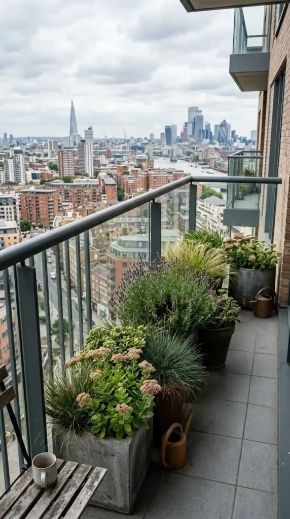 UK flat balcony with plants