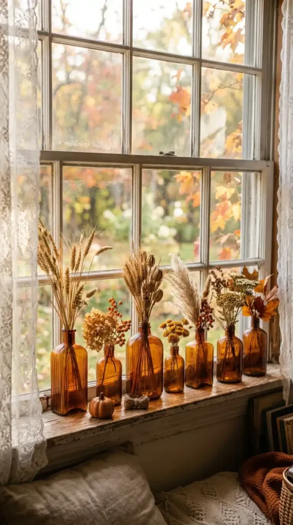 Vintage amber bottles windowsill